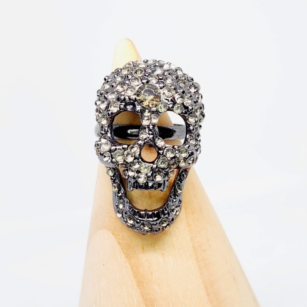 Chunky Steampunk Goth Punk Rhinestone Skull Ring Adjustable Halloween Gunmetal